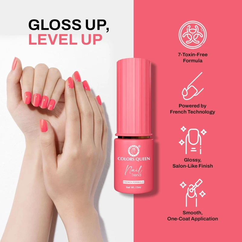 Colors Queen Nail Trend Glossy Nail Polish | Chip Resisting & Quick Drying Nail Paint with High Shine | 7 Toxin Free Formula | Vegan & Cruelty Free | Long Lasting & Vibrant Nail Paint for Women ( Pubble Gum Burs, 13ml) thumbnail 3